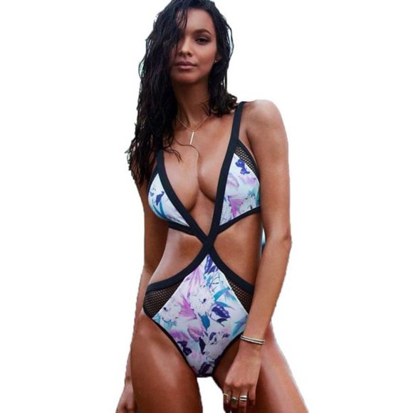 NWT Victoria's Secret One-Piece Strappy Monokini Tropical Mesh Swimsuit size L - Picture 3 of 16